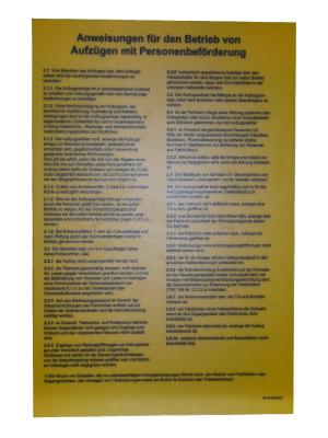 Schild: Anweisungen fuer den Betrieb von Aufzuegen