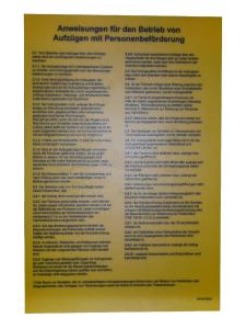 Schild: Anweisungen fuer den Betrieb von Aufzuegen